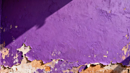 Extreme closeup of a rough wall surface featuring vibrant purple flaking paint over exposed tan stucco illuminated by harsh sunlight casting a dramatic diagonal shadow.の素材