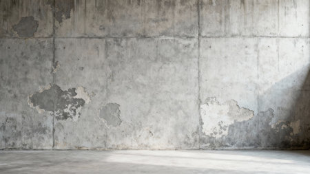 Wide architectural shot displaying an exposed segmented gray concrete wall texture with severe peeling plaster damage, complemented by sharp diagonal shadows and bright sunlight on the bare floor.の素材