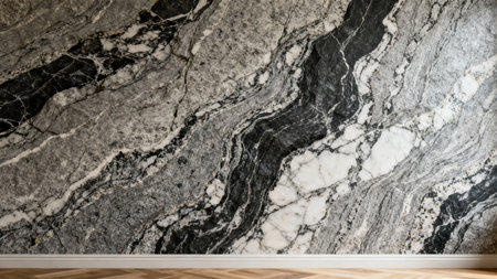 Detailed close up view of a sophisticated monochromatic natural stone wall, highlighting thick black and white flowing striations above a clean white baseboard and brown parquet flooring.の素材