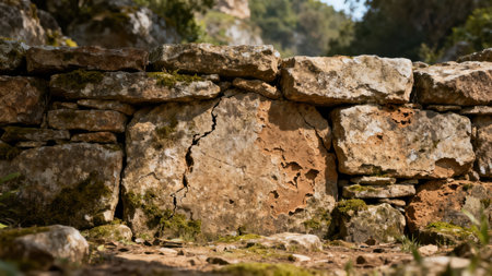 Rough textured dry stacked rock barrier illuminated by strong sunlight, showing deep cracks and heavy coverage of green moss and lichen in a natural environment.の素材