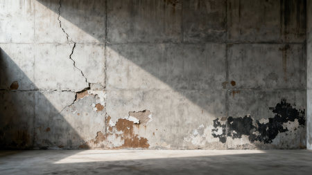 Dramatic sunlight illuminating an exposed concrete interior with peeling brown and black paint patches, visible expansion joints, and a prominent structural crack.の素材