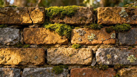 Of rough masonry composed of red and gray stones, thickly covered in bright green bryophyte moss and pale yellow lichen, strongly illuminated by directional golden hour sunlight.の素材