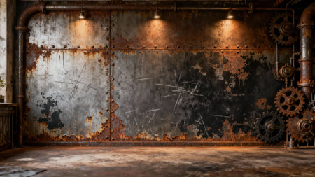 Empty stage area featuring a heavily corroded gray steel wall with rivets, contrasting dark rusted pipes and complex mechanical gears on the right, emphasized by directional overhead lighting.の素材