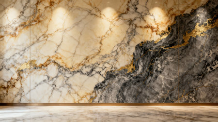 Opulent interior surface featuring highly polished black and white natural stone slab with contrasting metallic gold veins, highlighted by warm overhead lighting and reflected in the marble floor.の素材