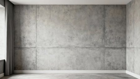 Photorealistic 3D visualization showing a clean, empty room with raw gray concrete slab walls, thin white skirting, and dramatic contrast lighting highlighting the draped window area.の素材