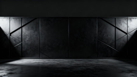 High contrast 3D rendered interior showcasing a rough concrete floor and a large wall covered in dark, rivet-fastened metal plating with asymmetrical geometric divisions emphasized by intense corner...の素材