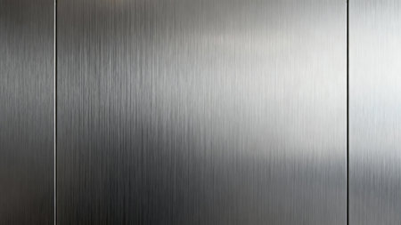 High-resolution  of silvery brushed stainless steel panels separated by seams, showing a high contrast lighting gradient from bright white on the right to deep dark gray tones.の素材