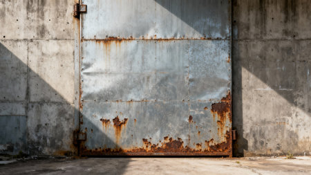 Weathered texture of a large industrial galvanized steel gate severely damaged by rust and erosion, flanked by textured concrete structure featuring strong diagonal geometric shadows.の素材