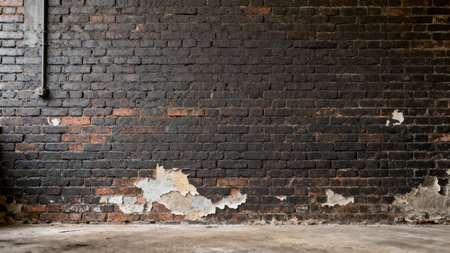 Weathered texture of a deteriorating masonry wall, predominantly covered in black soot or paint, contrasting sharply with exposed reddish brick and flaking grayish-white plaster near the concrete...の素材