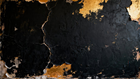 Highly contrasted abstract view of a decaying wall featuring a large central matte black area surrounded by extreme flaking exposing bright ochre and orange layers of old paint.の素材