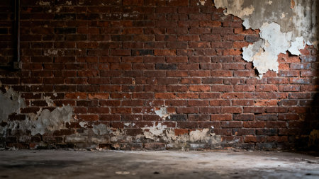 View of a dark, abandoned interior showcasing a historic reddish-orange brick wall where heavy white coating is crumbling and flaking onto the dusty gray floor.の素材