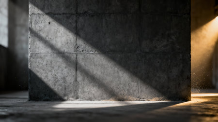 Textured raw gray concrete partition illuminated by intense volumetric golden light, showing floating dust particles and casting sharp diagonal shadows across the industrial floor and wall.の素材