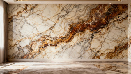 Architectural visualization of a lavish interior featuring a seamless wall of highly polished marble stone displaying creamy tones contrasting with rich amber and dark brown swirls.の素材