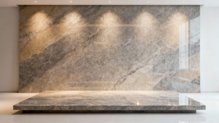 Minimal presentation area featuring heavily veined polished natural stone wall panels and a thick rectangular floating plinth set against bright white walls, emphasizing geometry and warm...の素材