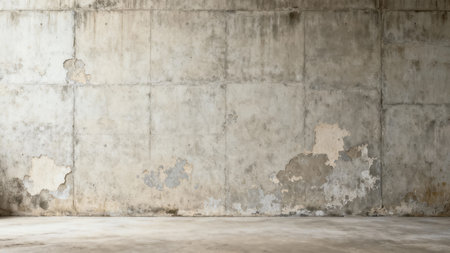 Wide view of grungy, stained cementitious wall divided into large rectangular panels, showing moisture damage and rough plaster patches above a matching gray floor surface.の素材