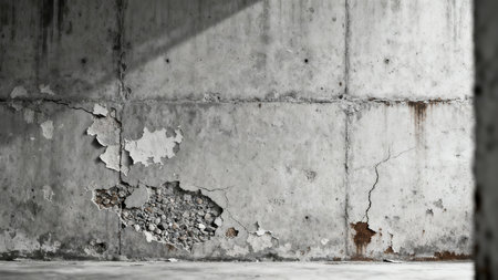 Heavily damaged, segmented concrete wall texture showing deep structural cracks, oxidized rust streaks, and a large spalled section exposing rough gray aggregate in dramatic interior shadow and light.の素材