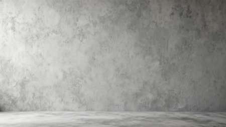 Industrial gray concrete wall and floor texture featuring subtle spotlighting from the left, emphasizing the rough, mottled surface detail in this empty interior scene.の素材