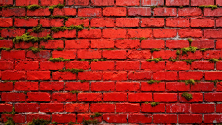 Weathered masonry texture featuring rows of rough, deep red bricks with heavy saturation, accented by vibrant green moss growing along the mortar joints and crevices.の素材