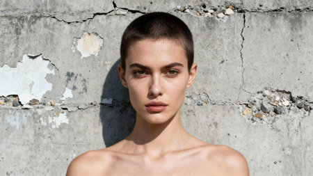 Direct, sunlit headshot of a beautiful young woman with dark buzz cut hair and light skin tone against a distressed, cracked, gray concrete surface showing exposed rock aggregate.の素材