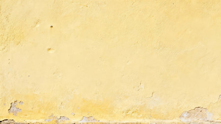 Weathered exterior wall coated in faded pale yellow paint with rough cement texture exposed due to moisture damage and chipping along the bottom edge.の素材