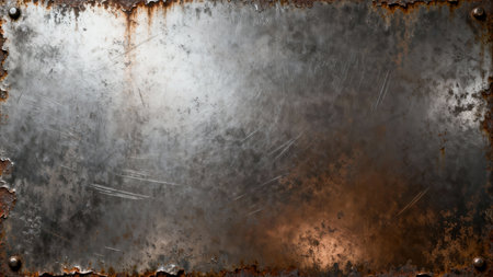 Closeup view of highly contrasted textured sheet metal featuring deep surface scratches, bright silver highlights, and heavy, crusty rust deterioration along the dark, ragged edges.の素材