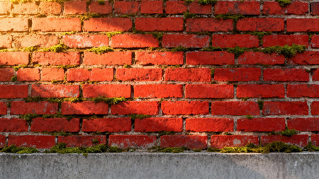 Close up view of a vibrant red brick wall covered in dark green moss, positioned above a plain gray concrete ledge, dramatically lit by intense directional sunlight.の素材