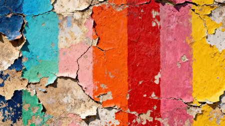 Close up view of vivid color block stripes, including cyan, red, orange, and yellow, flaking off a heavily damaged, tan and gray concrete wall.の素材