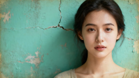 Candid, natural light portrait of a serious young Korean or Chinese woman with fair complexion, dark hair pulled back, framed by a deeply textured, weathered turquoise background.の素材