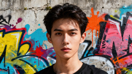 Portrait of handsome young adult male with intense gaze and dark hair against a highly textured concrete structure vividly covered in red, yellow, blue, and pink urban spray paint art.の素材