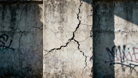 Vertical center panel of crumbling cement exhibits severe structural fractures, surrounded by darker, stained sections adorned with stylized black and purple spray paint markings.の素材