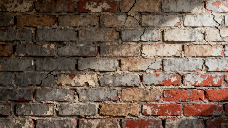 Close up view of heavily damaged red brick facade covered in patchy, peeling gray and white paint with dramatic high-contrast lighting emphasizing the deep structural cracks.の素材