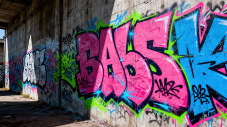 Composition featuring large bubble style letters in bright magenta and cyan colors painted on a distressed gray cement surface inside an old warehouse with harsh daylight illumination.の素材