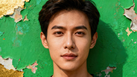 Direct frontal portrait emphasizing a young East Asian adult's face against a severely chipped wall texture showing layers of bright green paint peeling away to reveal gold and cream colors...の素材
