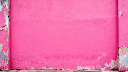 Close up view of a vibrant fuchsia building facade where the paint is dramatically peeling away from the gray concrete surface, creating a rough, distressed, and rustic architectural texture.の素材