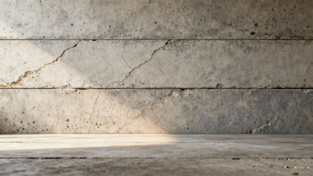 Cinematic 3D render of a derelict architectural interior with horizontal precast gray concrete wall segments and a cracked floor, highlighted by bright directional illumination.の素材