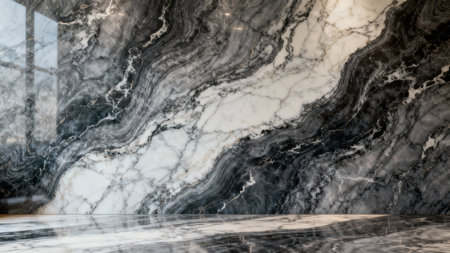 Dramatic high-gloss Nero marble texture featuring large, flowing white and dark gray natural veins across both vertical and horizontal planes, creating a luxurious empty display area.の素材