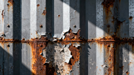 Texture of corrosion and flaking gray paint on a weathered corrugated steel container wall, featuring strong vertical shadow patterns cast by harsh sunlight.の素材
