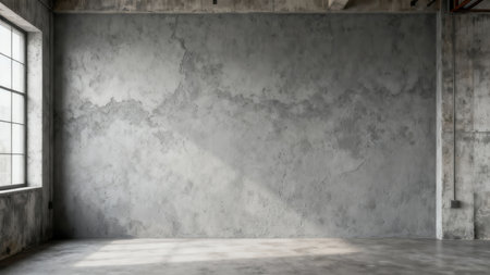 Spacious industrial interior showcasing mottled gray concrete walls and floor, lit dramatically by natural daylight casting sharp diagonal shadows from a tall grid window on the left.の素材
