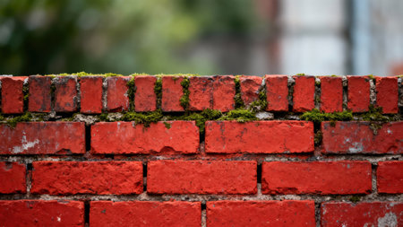 Detailed capture of bright red terracotta bricks showing texture and wear, topped with lush green moss along the mortar line, set against a smooth, blurred bokeh background.の素材