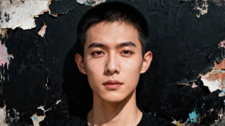 Intense close up view of a young adult male with a buzz cut hairstyle standing in harsh sunlight against a background of crumbling black paint and exposed red brick wall texture.の素材