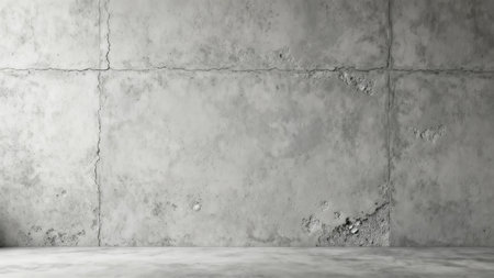 Three dimensional rendering of a desolate industrial room with gray cement floor and a severe damaged wall marked by structural seams and significant erosion.の素材