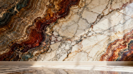 Polished interior wall showcasing contrasting natural stone composition: dark banded onyx on the left transitioning to bright white marble with strong red and black crackle veins on the right.の素材