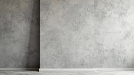 Photorealistic 3D rendering of an empty monochromatic room featuring three large mottled light gray concrete wall panels above a clean white skirting board.の素材