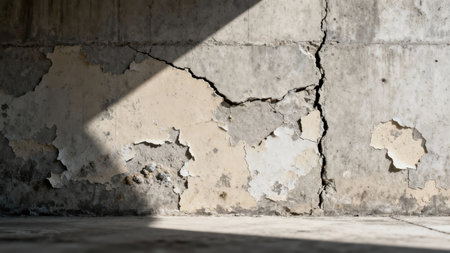Rough textured gray cement background showing deep structural failure and flaking beige paint, dramatically illuminated by a sharp beam of window light creating dark shadows.の素材