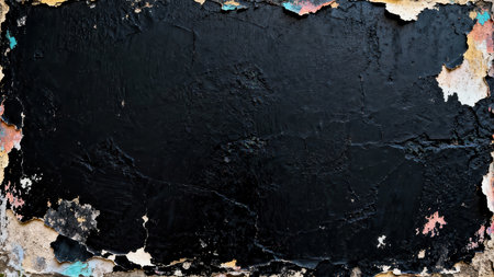 Highly contrasted  of a damaged facade featuring heavy, matte black paint covering the center, framed by ragged edges of multicolored underlying paint layers.の素材