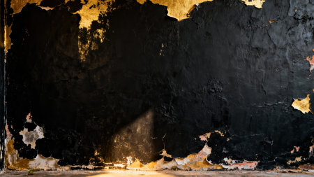 Gritty black painted surface severely damaged, revealing layers of vibrant golden leaf and pink plaster beneath, creating a luxurious distressed backdrop with strong dramatic lighting.の素材