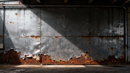 Riveted gray steel panels severely oxidized and corroded along the bottom edge, featuring intense brown and orange rust textures, highlighted by a sharp diagonal beam of natural light.の素材