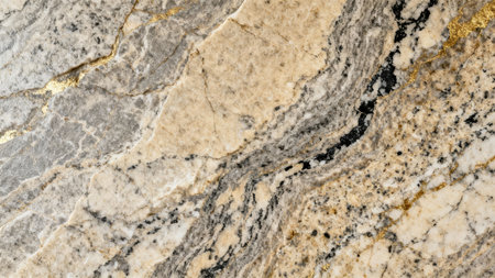 Swirling polished luxury stone background featuring intricate light beige and gray mineral deposits with contrasting thick black fissures and bright metallic gold crack lines.の素材