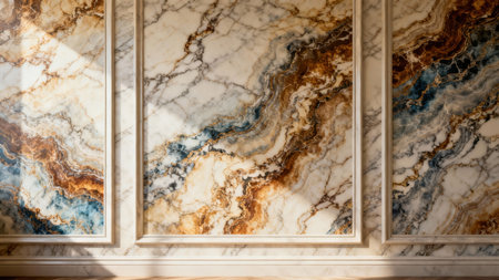 Close view of decorative neoclassical cladding featuring large polished marble slabs with highly detailed blue, gold, and ivory veins, framed by detailed panel molding under bright directional...の素材