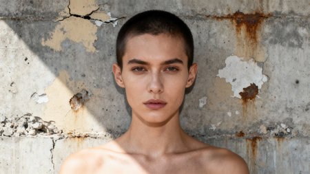 Model with shaved head photographed shirtless, illuminated by strong daylight creating high contrast against a grunge textured gray wall showing cracked plaster and rust stains.の素材
